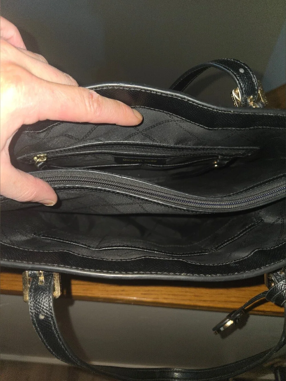 MICHAEL KORS Black Leather Tote with Gold MK Charm EUC